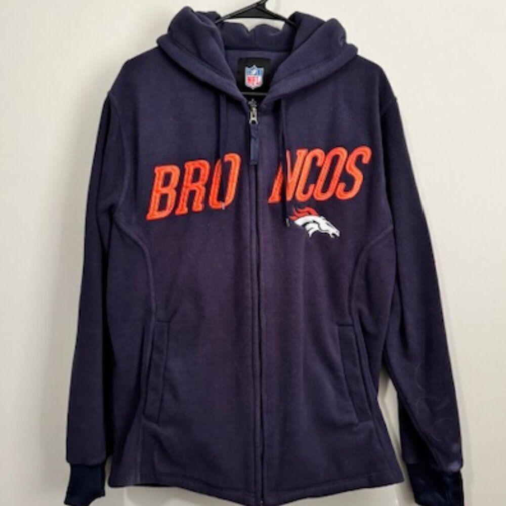 USED Men's NFL Long Sleeve Broncos Full Zip Hoodie Color Blue/Orange Size Medium